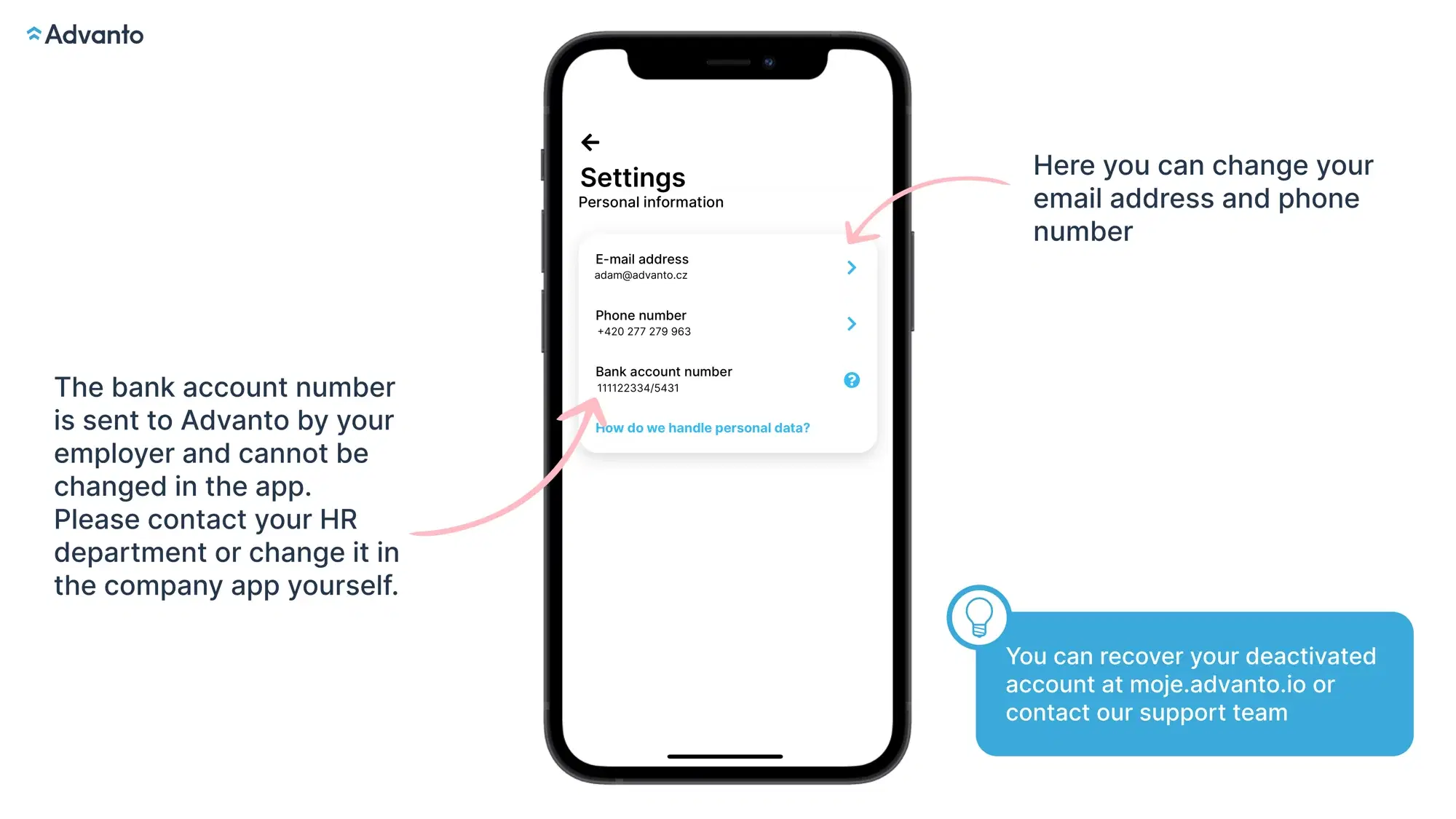Personal account settings in the Advanto app